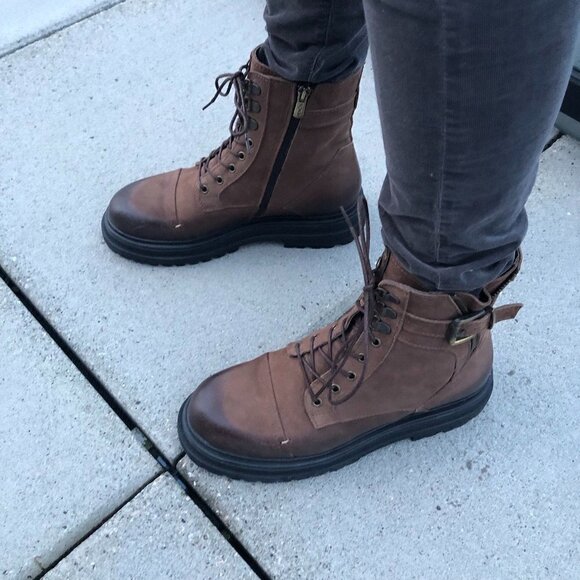 VENUS Brown Leather Chunky Heel Combat  Ankle Boot Lace Zipper Distressed EU 39 - Picture 9 of 16